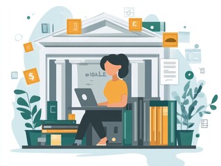 Virtual Bank Account Management with Flat Design Workspace with laptop online banking app eco friendly elements and financial analytics