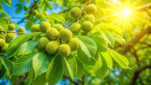 Vibrant sunlight illuminates the delicate, winged fruits of a mature Elm tree, Ulmus minor, amidst a backdrop of fresh green leaves on a warm spring day.