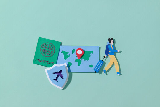 Traveler with Passport and Map Against Green Background