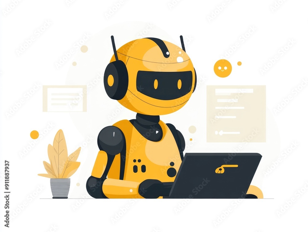 Poster cheerful and friendly chatbot character representing automation and customer service technology solu