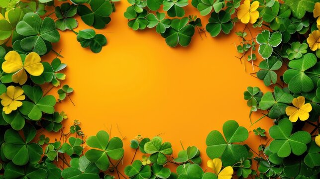 Green shamrock leaves frame an orange background.