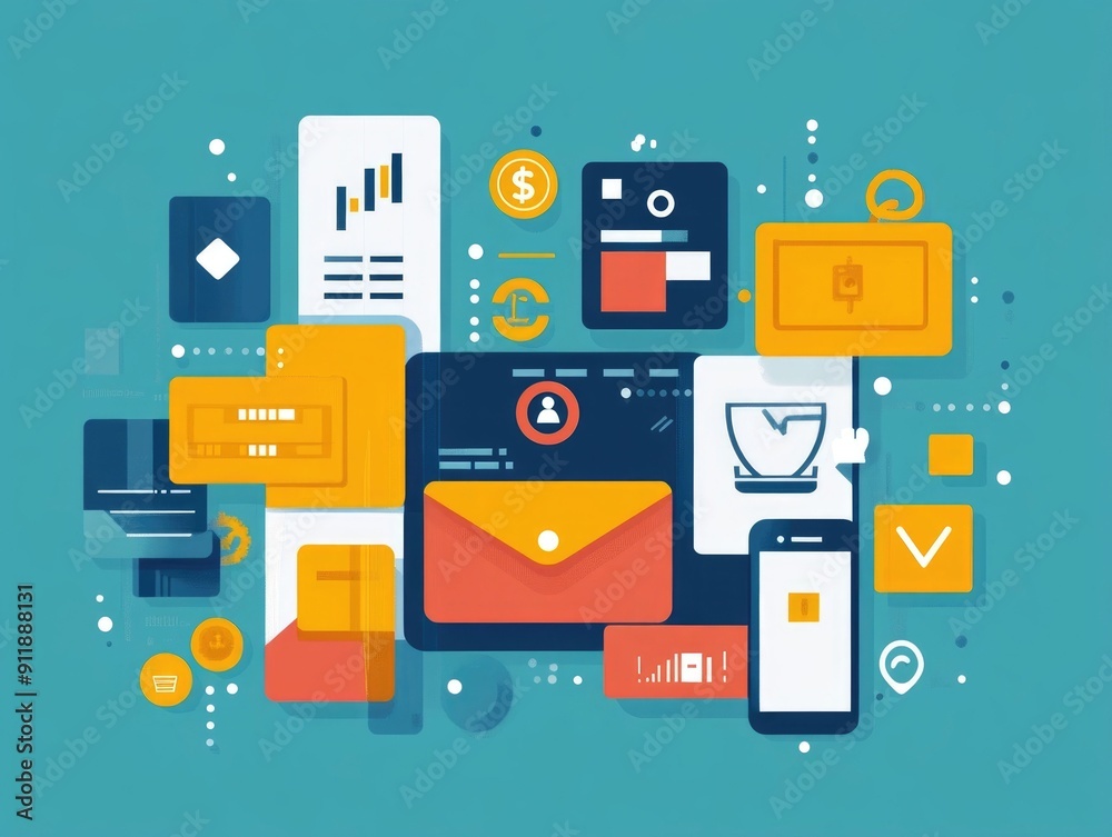 Poster flat design depicting various digital payment processing and transaction security icons symbols and 