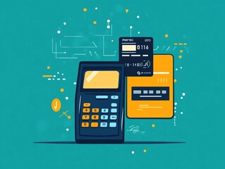 Flat design depicting secure and efficient digital payment processing system with various payment methods and financial technology elements