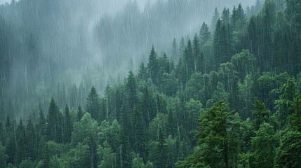 Obraz premium Rain-Soaked Evergreen Forest
