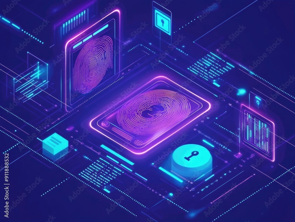 Poster biometric authentication secure login flat design futuristic cyber security interface digital identi