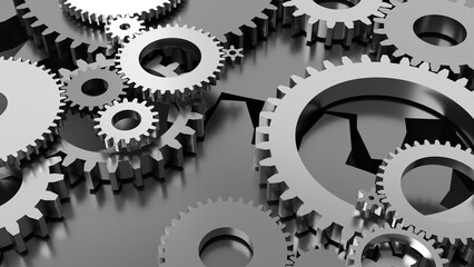 mechanical engineering industry cogwheels and gears rotation 3d representation. Can be used to represent precision mechanical components, teamwork cooperation or an engine robotic maintenance