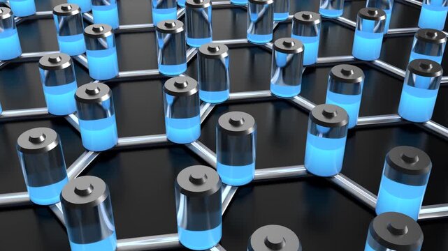 futuristic rechargeable battery cells 3d animation. Can be used to represent sustainable energy, automotive zero emission or industry manufacturing components