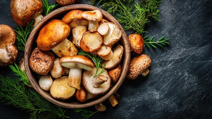 Fototapeta premium A bowl of mushrooms with some herbs and a black background. The mushrooms are of different sizes and colors, and they are arranged in a way that makes them look like a colorful and appetizing dish