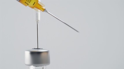 Syringe is being inserted into a medicine vial in preparation for an injection