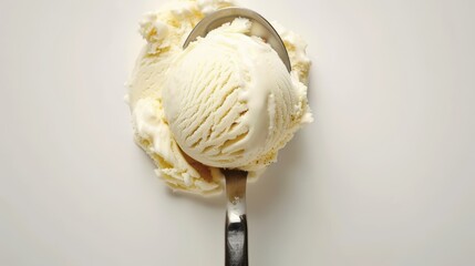 Capturing the indulgence of a delicious dairy treat: a shiny metal ice cream scoop serving up creamy vanilla ice cream on a white background, ideal for hot summer days