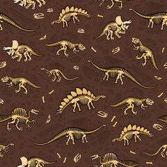 Dinosaur fossils seamless pattern features dino bones and skeletons arranged on a brown, textured soil background. Vector tile, wallpaper or textile with cartoon skeletal structures of dinosaurs