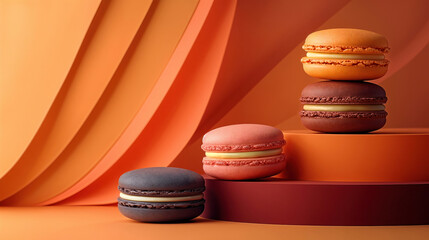 Assorted macarons in orange, red, brown, and purple on tiered orange backgrounds