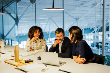 Business team having meeting analyzing financial data on laptop