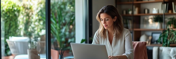 A woman sitting at her desk in front of an open laptop, working on marketing for a small business. In the background is a modern interior design office with a glass door leading to an outdoor area.