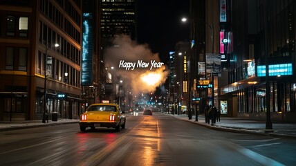 Fototapeta premium Taxi Cab in city Happy New Year