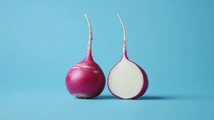 Obraz premium Fresh red radish, whole and sliced, on a blue background.