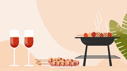 A minimalist barbecue setup with grilled food, clean and simple, 2D vector, basic shapes, soft pastel colors