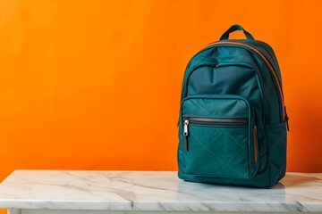 Stylish green backpack on a marble table against a bright orange background, ideal for travel and school themes.

