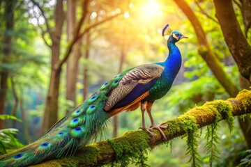 Obraz premium Vibrant male peacock perches on a moss-covered tree branch, spreading his stunning iridescent blue and green plumage, amidst lush forest foliage and morning sunlight.