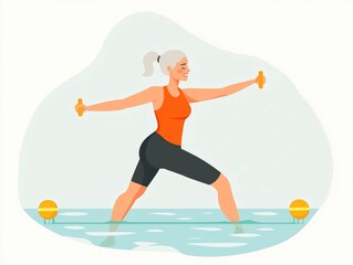 of an active senior woman performing water resistance exercises in a flat minimalist design style  The image depicts the benefits of water based fitness for older adults promoting healthy aging