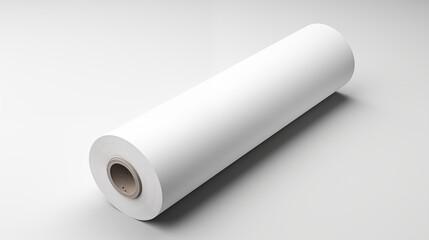 A roll of white paper on a light background, showcasing its cylindrical shape and smooth texture.