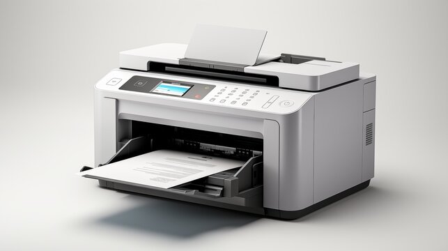 A modern multifunction printer with a sleek design, displaying a printed document being output. The printer features a control panel with buttons and a digital screen.