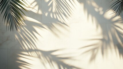 Obraz premium A serene background featuring soft shadows of palm leaves cast on a light-colored wall. The interplay of light and shadow creates a calming atmosphere, ideal for design or relaxation themes.