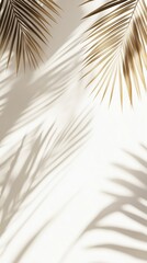 A minimalist background featuring the shadows of palm leaves cast on a light-colored wall. The interplay of light and shadow creates a serene and tropical atmosphere. Vertical orientation.