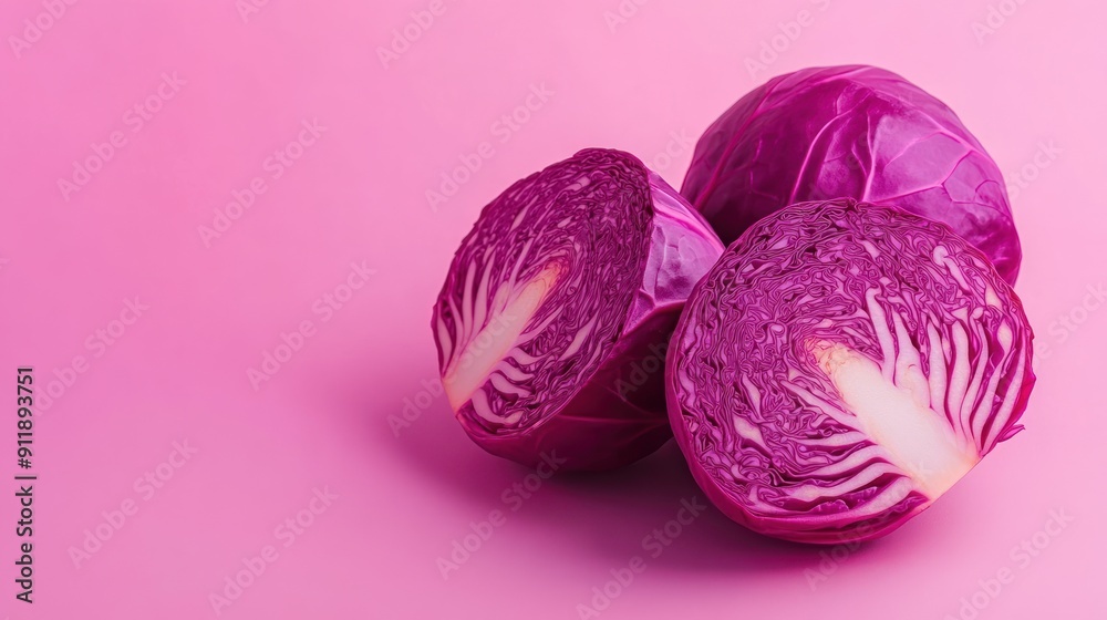 Poster Fresh red cabbage cut in half on pink background.