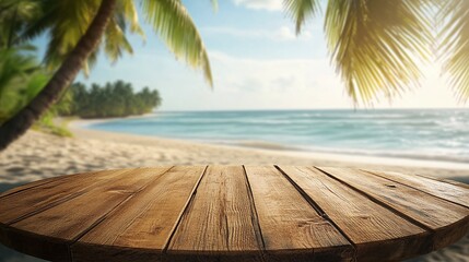 Sunny Beach Backdrop Featuring a Wooden Tabletop with Space for Product Display, Surrounded by Palm Trees and Blue Water