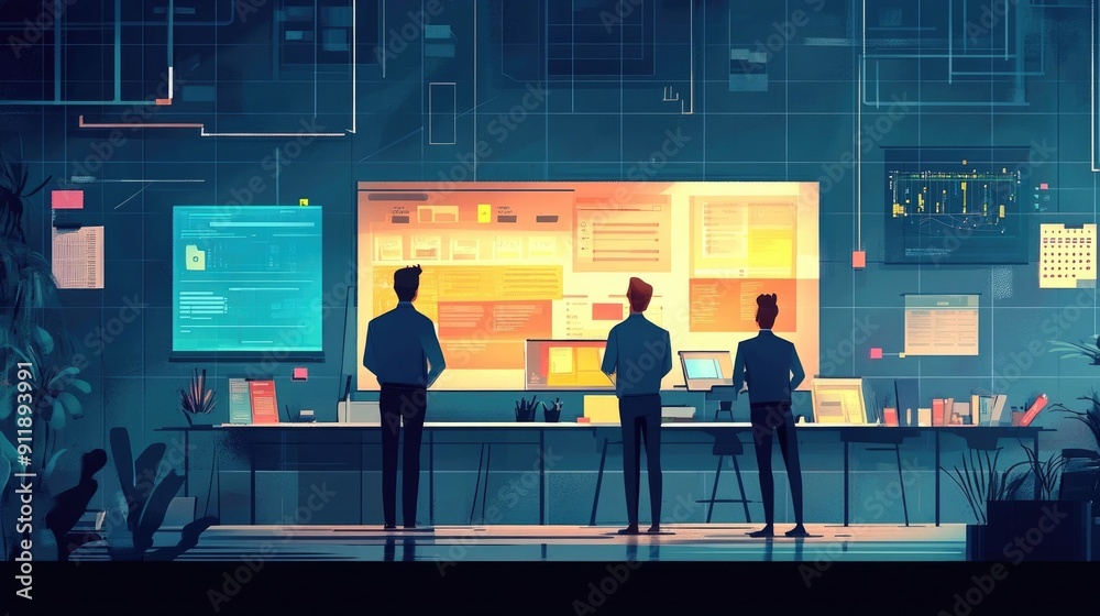 Poster software development team collaborating during agile sprint planning in modern colorful workspace wi
