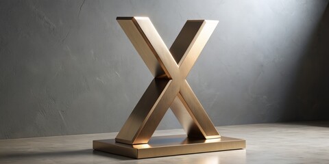 A luxurious satin bronze X letter sculpture sits atop a modern pedestal, radiating elegance and sophistication in a sleek, contemporary setting.