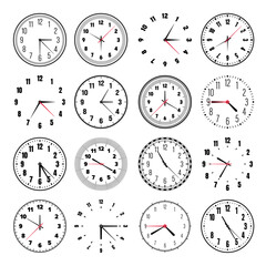 Mechanical clock faces with hands, bezel. Watch dial with minute, hour marks and numbers, arabic numerals. Timer or stopwatch element. Measuring circle scale with divisions. Vector illustration