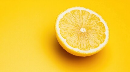 Close-up of a juicy lemon slice on a bright yellow background.