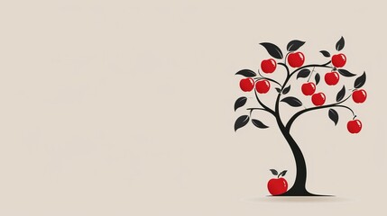 A simple apple tree with a few apples, minimalist design, clean lines, 2D vector, basic colors, plain background