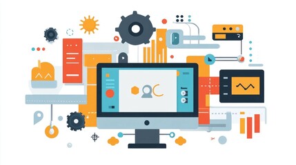 of various software development and project management tools and concepts presented in a modern flat design style