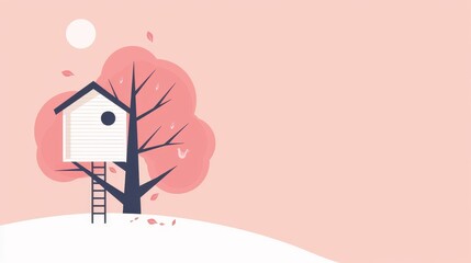 A basic treehouse with a ladder, minimalistic style, uncluttered design, 2D vector art, soft pastel colors