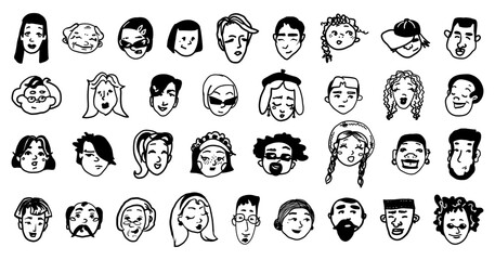 Different men and women portraits. Trendy stylish people avatar, icon, logo. Diverse contemporary cartoon faces set. Outline abstract cute sketch hand drawn collection. Isolated vector illustration