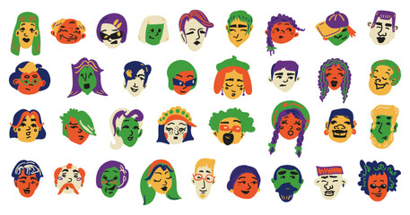 Diverse men and women portraits set. Trendy stylish people avatar. Different age, race, hairstyles, emotions. Contemporary cartoon faces. Abstract hand drawn collection. Isolated vector illustration