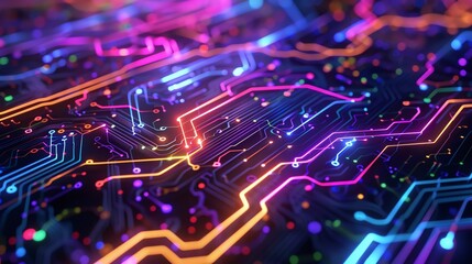 Fototapeta premium Abstract Neon Circuit Board with Glowing Lines and Connections Technology Background