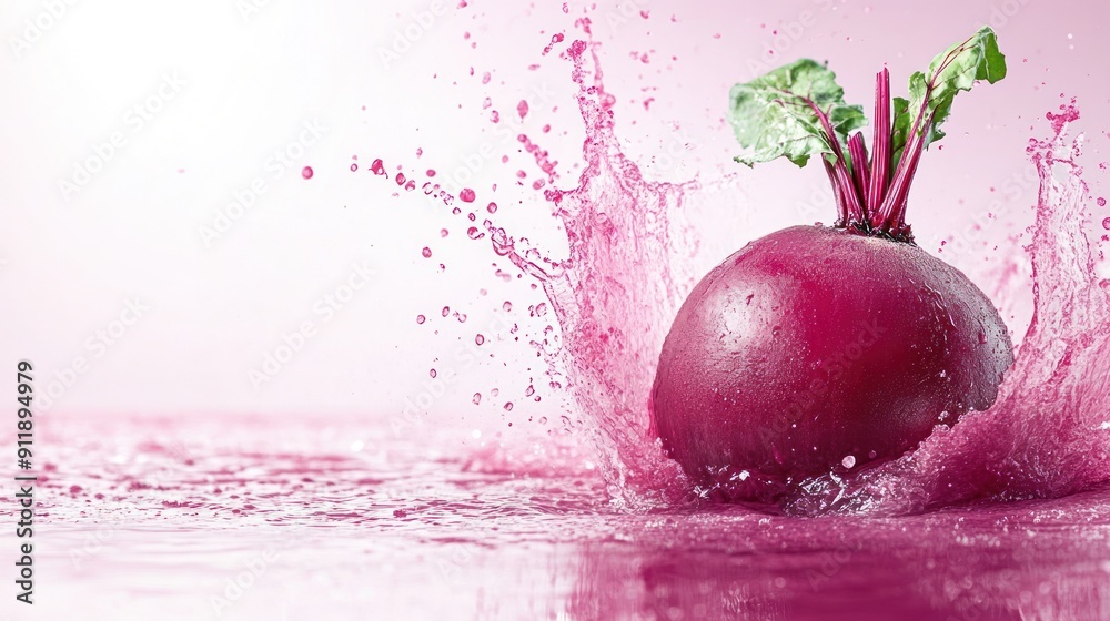 Poster A vibrant red beetroot splashing into a pink liquid, creating a dramatic and colourful image.