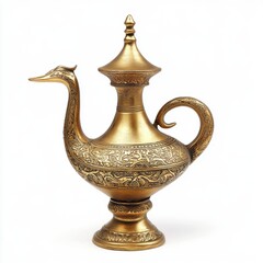 Fototapeta premium Enchanting Genie Lamp with Ornate Gold Design Isolated on White Background