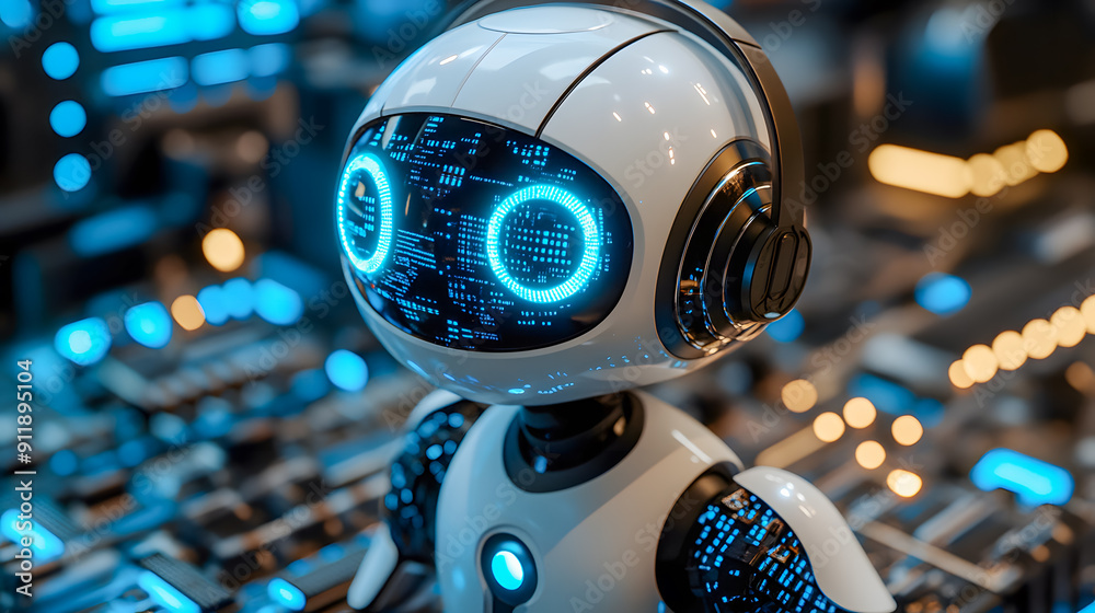 Poster closeup of a futuristic intelligence robot or cyborg with glowing digital interface controls and hol
