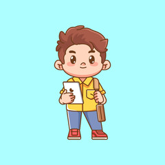 Cute office workers hold tablet kawaii chibi character mascot illustration