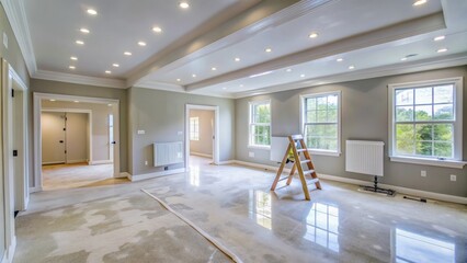 Freshly painted walls with smooth finish and patched drywall adorn the interior of a home under construction, showcasing a clean and renovated space awaiting final touches.