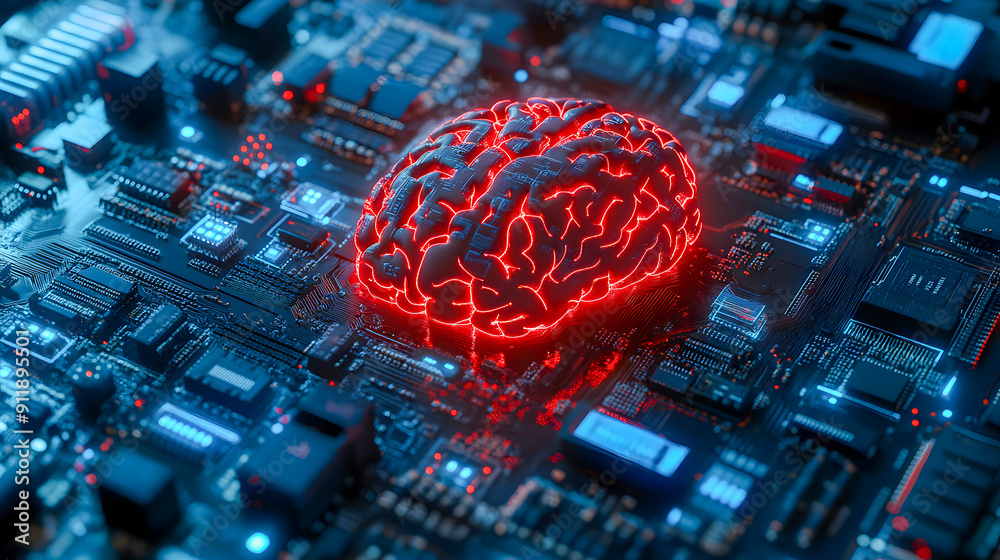 Poster conceptual image of a red glowing brain superimposed on an electronic circuit board symbolizing the 
