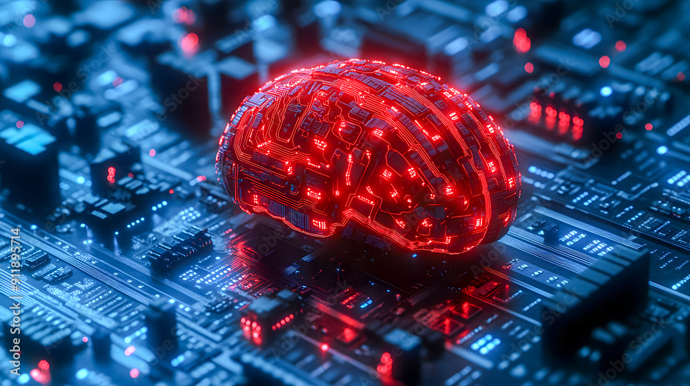 Poster intelligence brain and circuit board with glowing red electronic nodes and connections on a dark blu