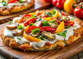 Juicy chicken fillet, savory cervelat, and saut&eacute;ed mushrooms atop a crispy crust, smothered in creamy tartar sauce and sliced sweet peppers, awaiting indulgence.