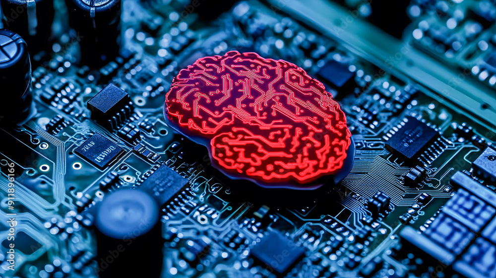 Poster closeup view of an intricate red brain inspired circuit board with a futuristic technology backdrop 