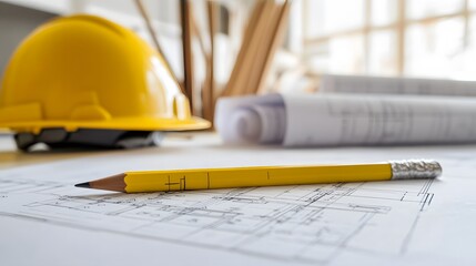 Close-up of blueprints and pencil on construction paper, yellow helmet background, engineer's workspace interior design concept on white desk
